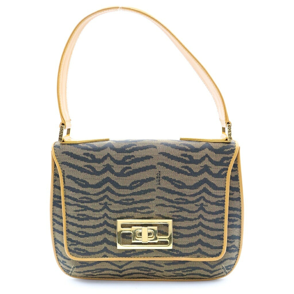 FENDI(フェンディ) タイガー ハンドバッグ ワンショルダーバッグ ベージュ×ブラック キャンバス×レザー
