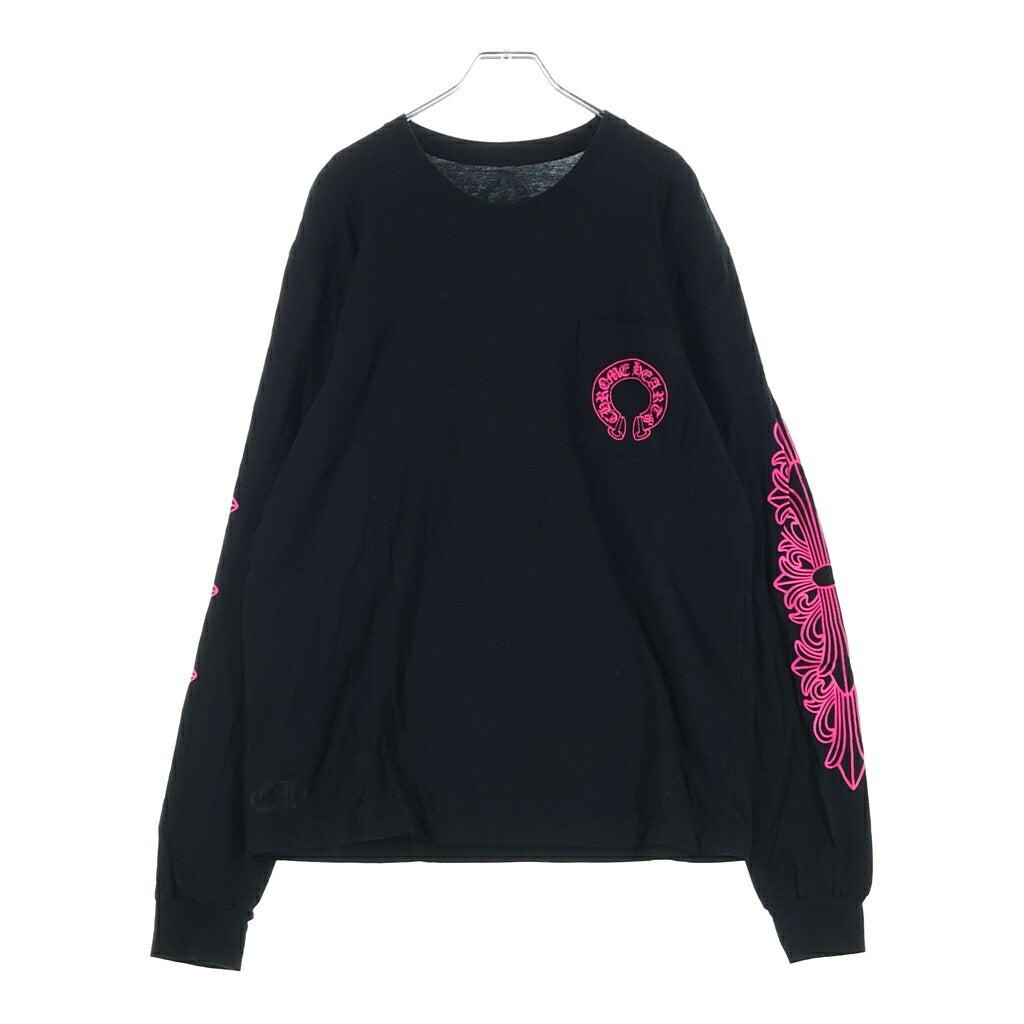 CHROME HEARTS(クロムハーツ) ホースシュー フローラルクロス プリント ロングスリーブ 長袖 ポケット Tシャツ カットソー ブラック/ピンク