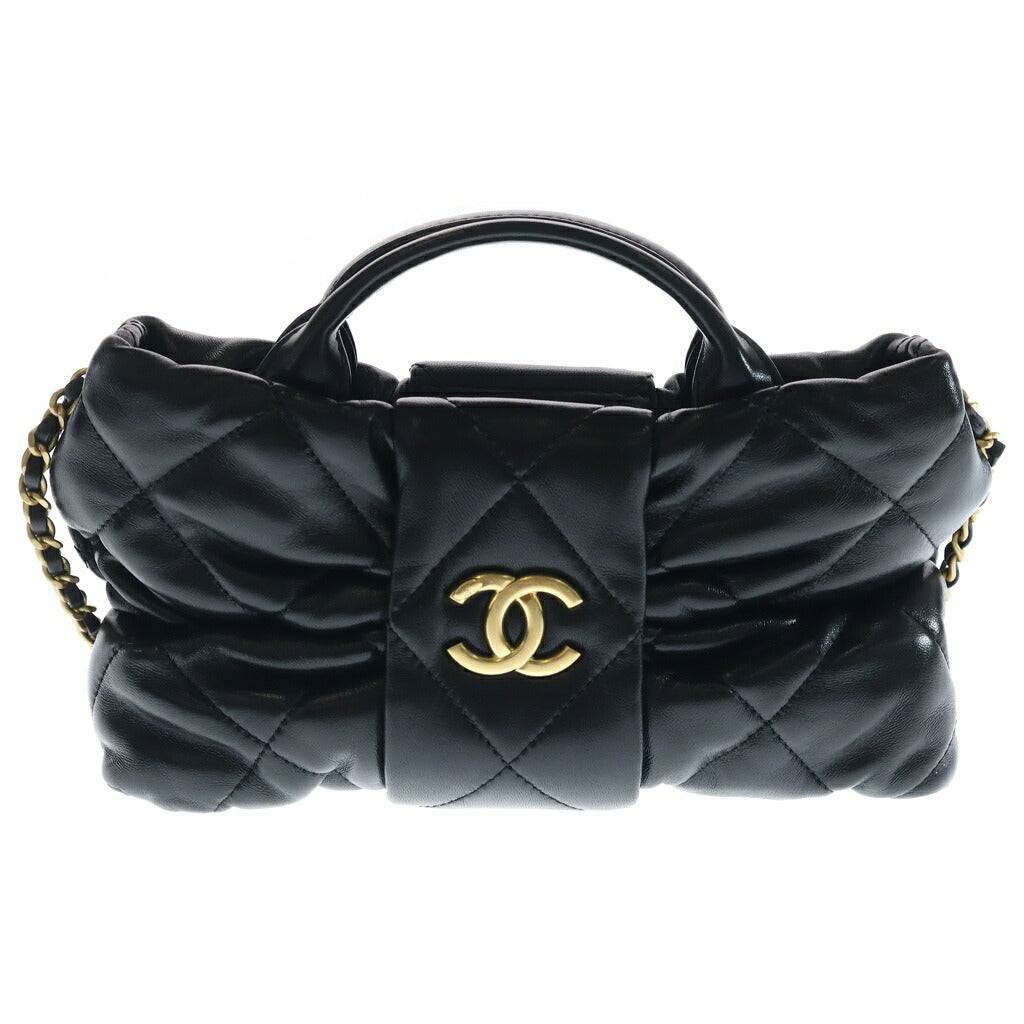 CHANEL(シャネル) マトラッセ ミニ ボウ チェーンショルダーバッグ ハンドバッグ 2WAY ブラック ラムスキン ゴールド金具 AS5849 プレート
