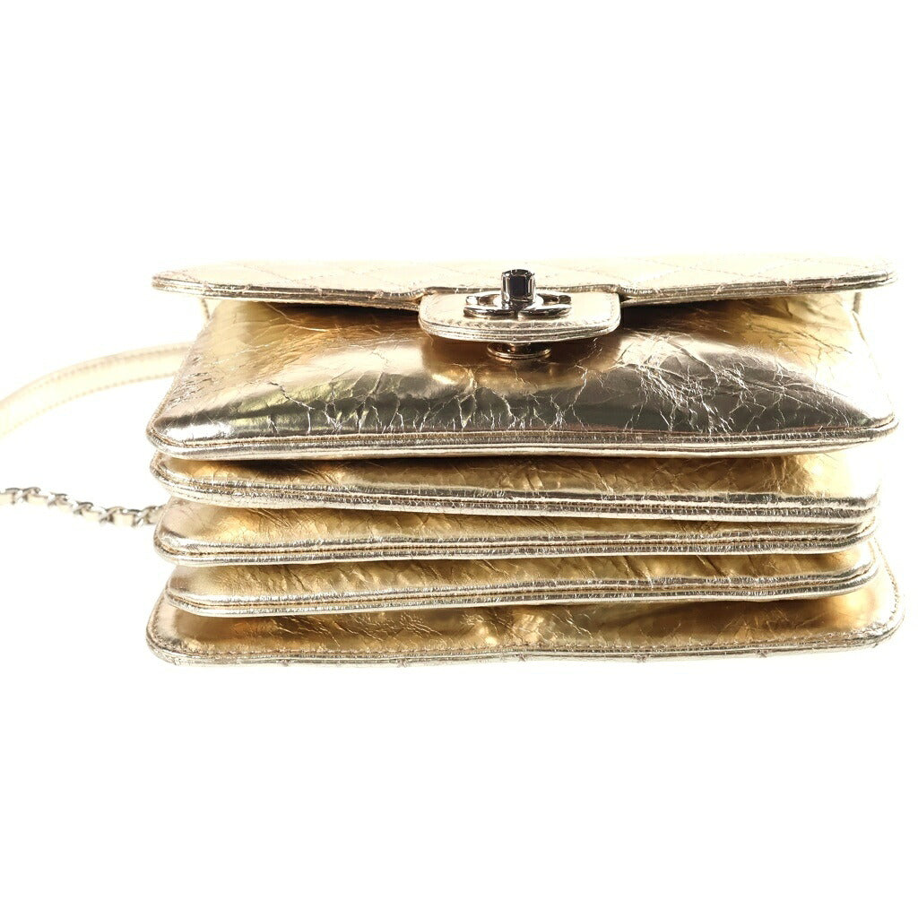 CHANEL(シャネル) ミニマトラッセ20 シングルフラップ ダブルチェーンショルダーバッグ メタリックゴールド カーフスキン シルバー金具 シール有 16番台