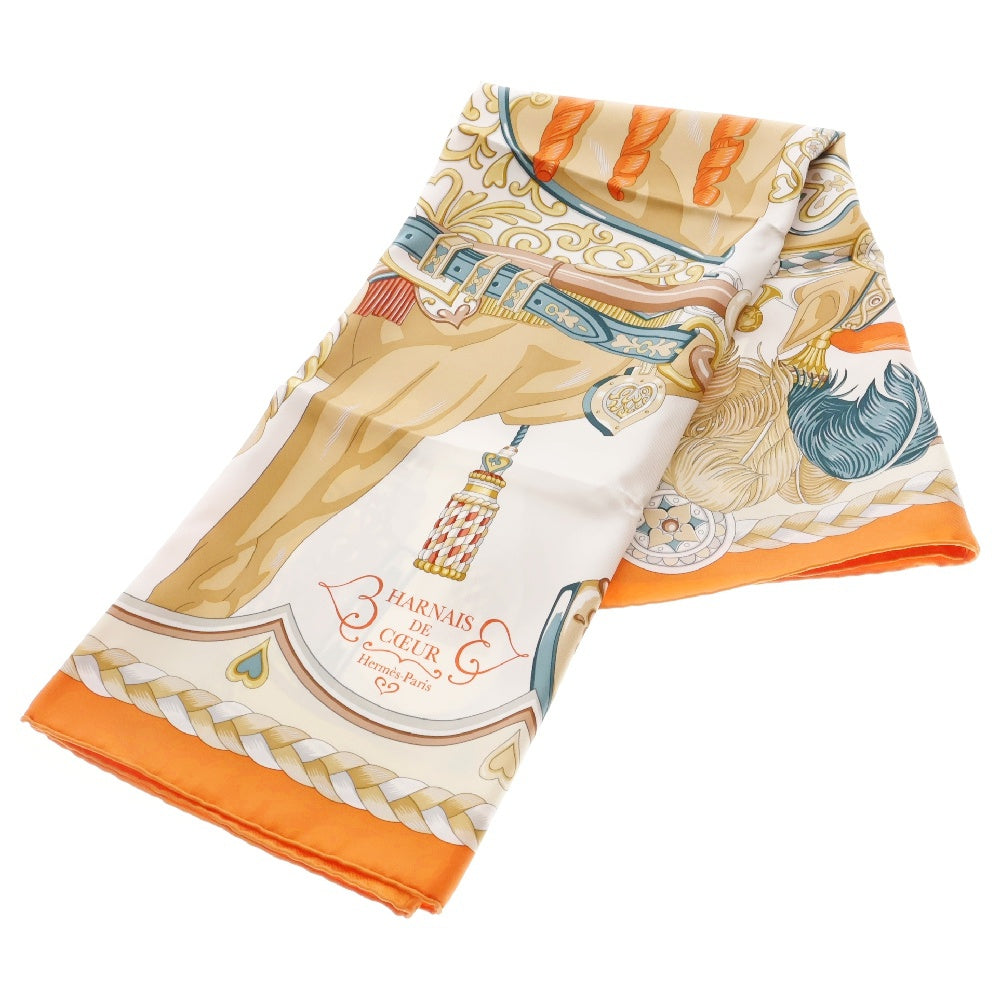 HERMES(エルメス) カレ90 HARNAIS DE COEUR アルネ・ドゥ・クール スカーフ ホワイト×オレンジ マルチカラー シルク