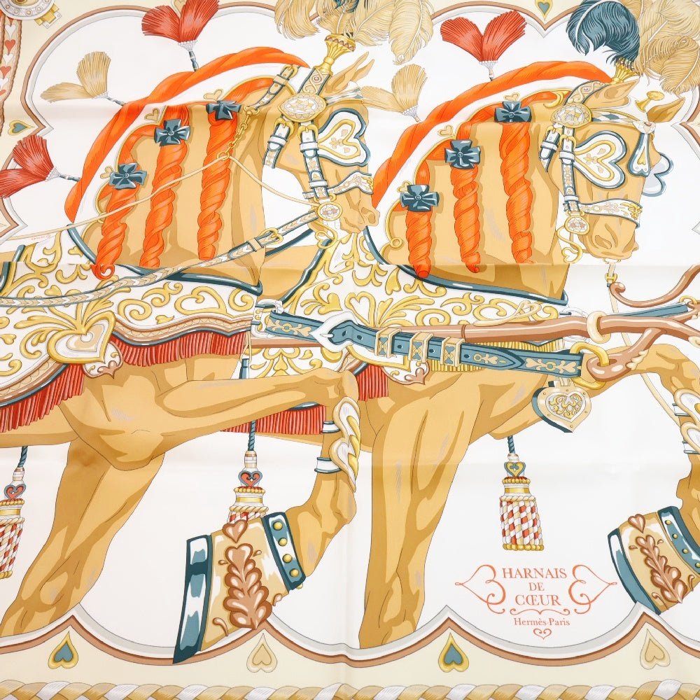 HERMES(エルメス) カレ90 HARNAIS DE COEUR アルネ・ドゥ・クール スカーフ ホワイト×オレンジ マルチカラー シルク