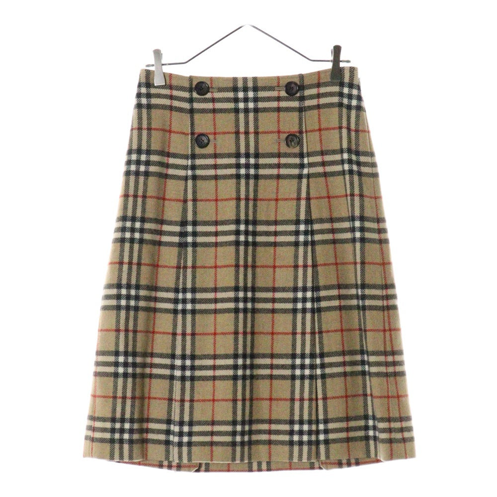 BURBERRY(バーバリー) ノバチェック 総柄 アルパカ混 ウール ボタンデザイン プリーツ ミディアム フレアスカート ベージュ レディース FX087-065-50