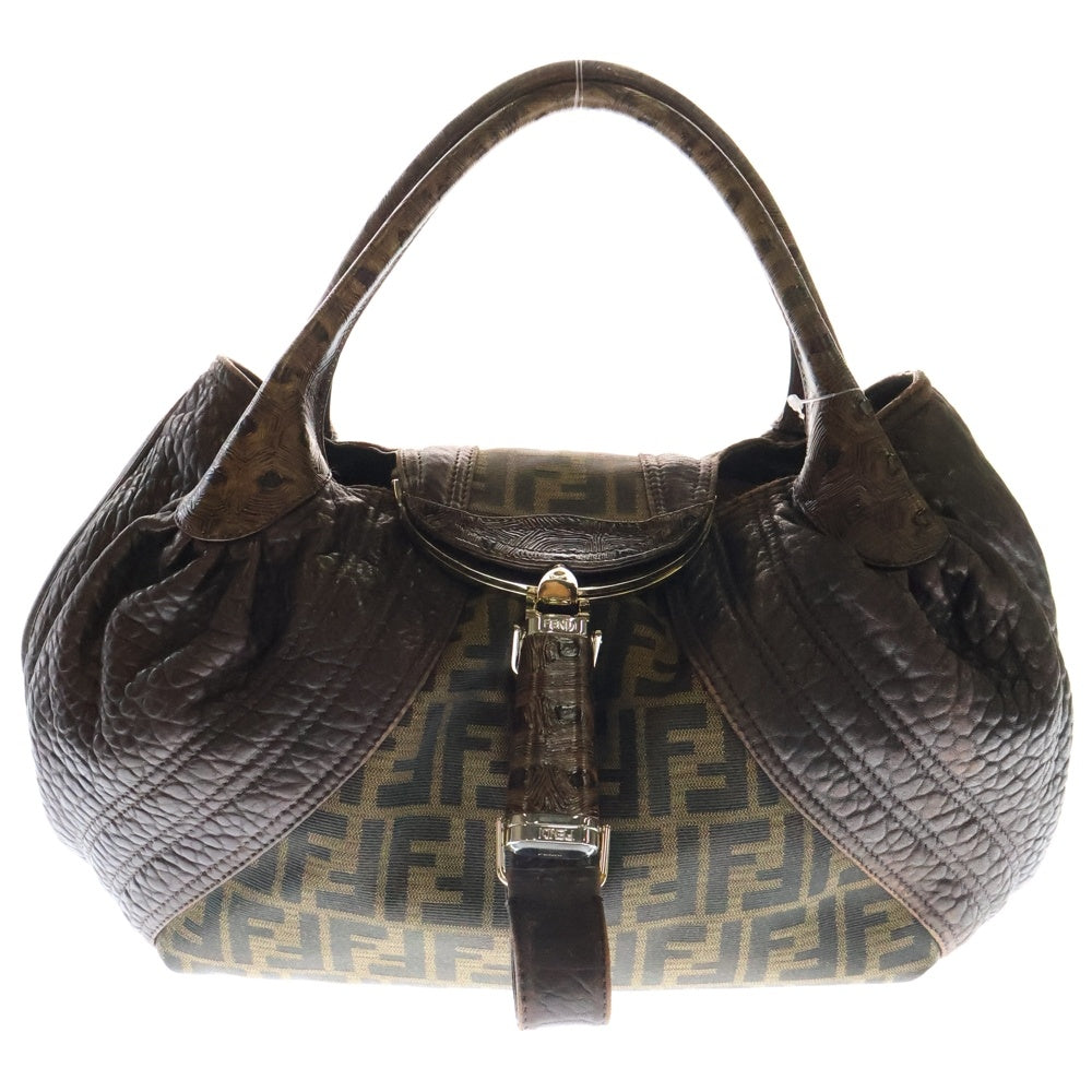 FENDI(フェンディ) スパイ ズッカ柄 がま口 キャンバス レザー ハンドバッグ シルバー金具 ブラウン レディース