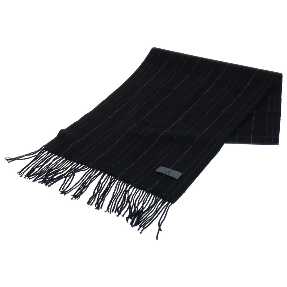 Calvin Klein(カルバンクライン) フリンジ付ストライプ柄カシミヤマフラー ブラック