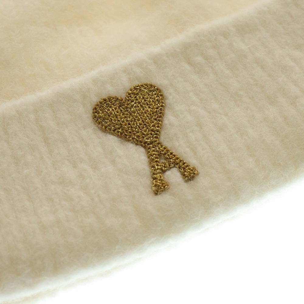 ami paris(アミパリス) Ami De Coeur アミ デ クール ハート ロゴ刺繍 アルパカ ウール ニットキャップ 帽子 ホワイト/ゴールド SPUHA297.KN0032