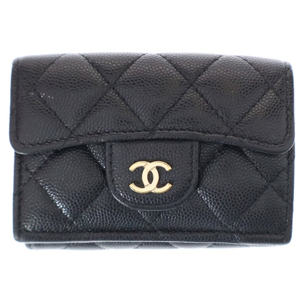 CHANEL(シャネル) マトラッセ 三つ折り財布 コンパクトウォレット ブラック ゴールド金具 キャビアスキン