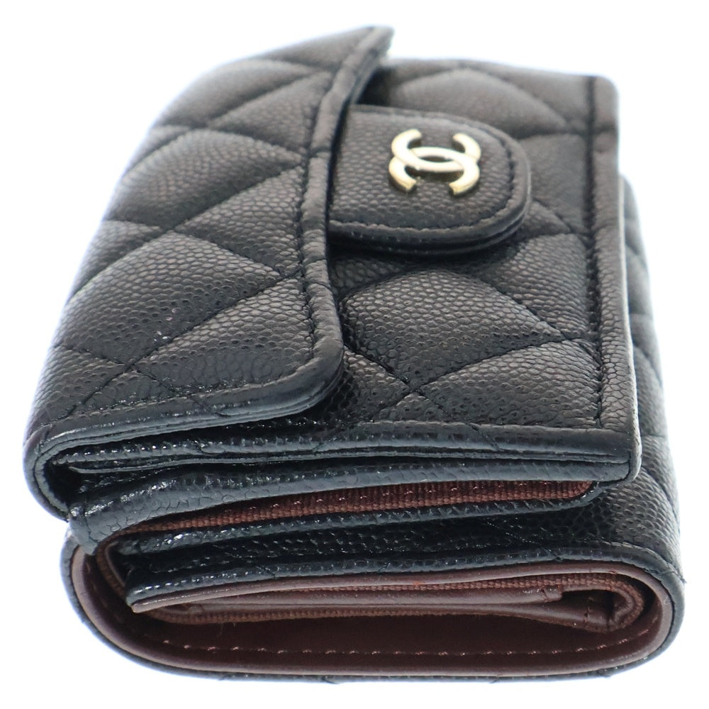 CHANEL(シャネル) マトラッセ 三つ折り財布 コンパクトウォレット ブラック ゴールド金具 キャビアスキン