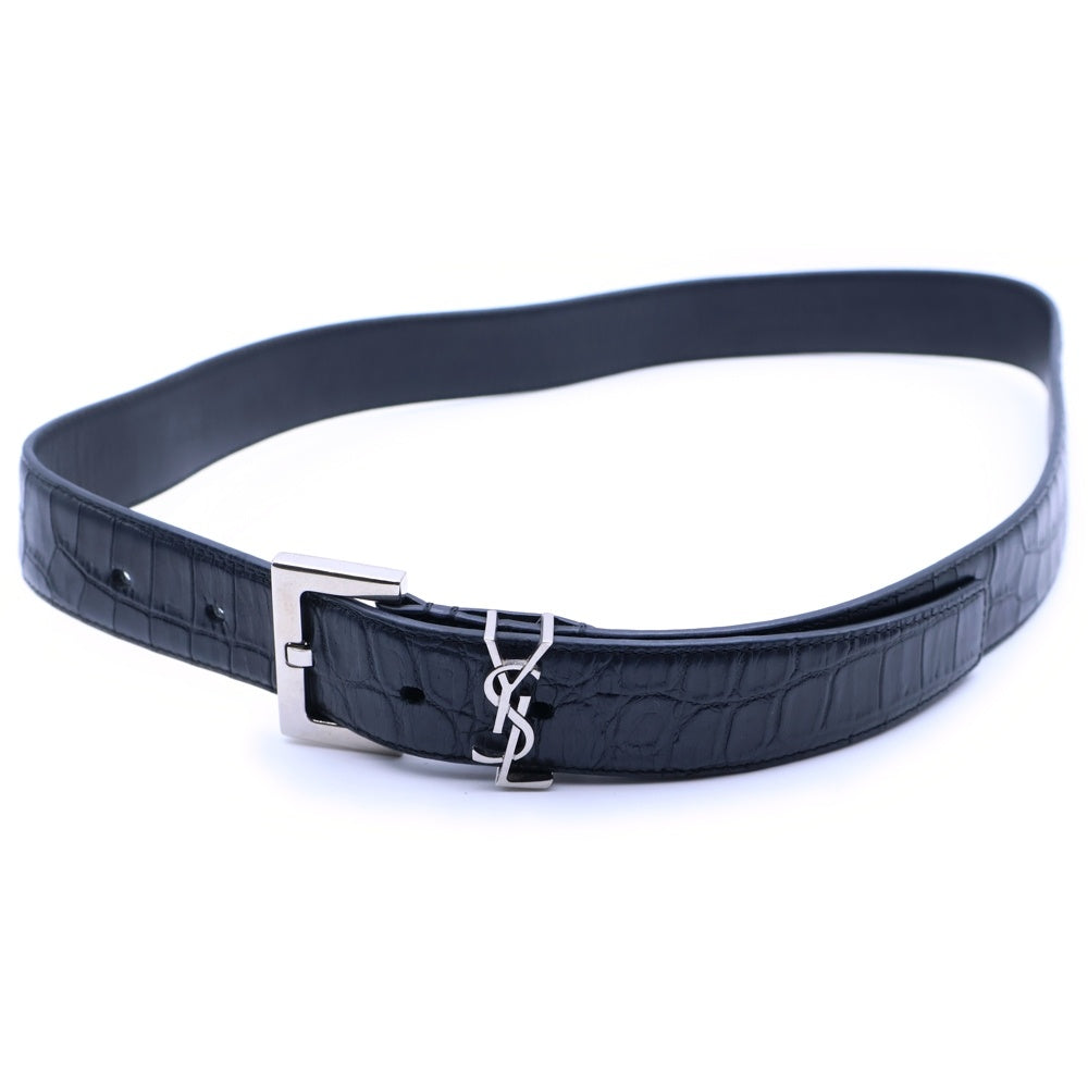 SAINT LAURENT PARIS(サンローランパリ) カサンドラロゴプレート スクエアバックル クロコ型押し エンボスレザー ベルト ブラック/シルバー 634440