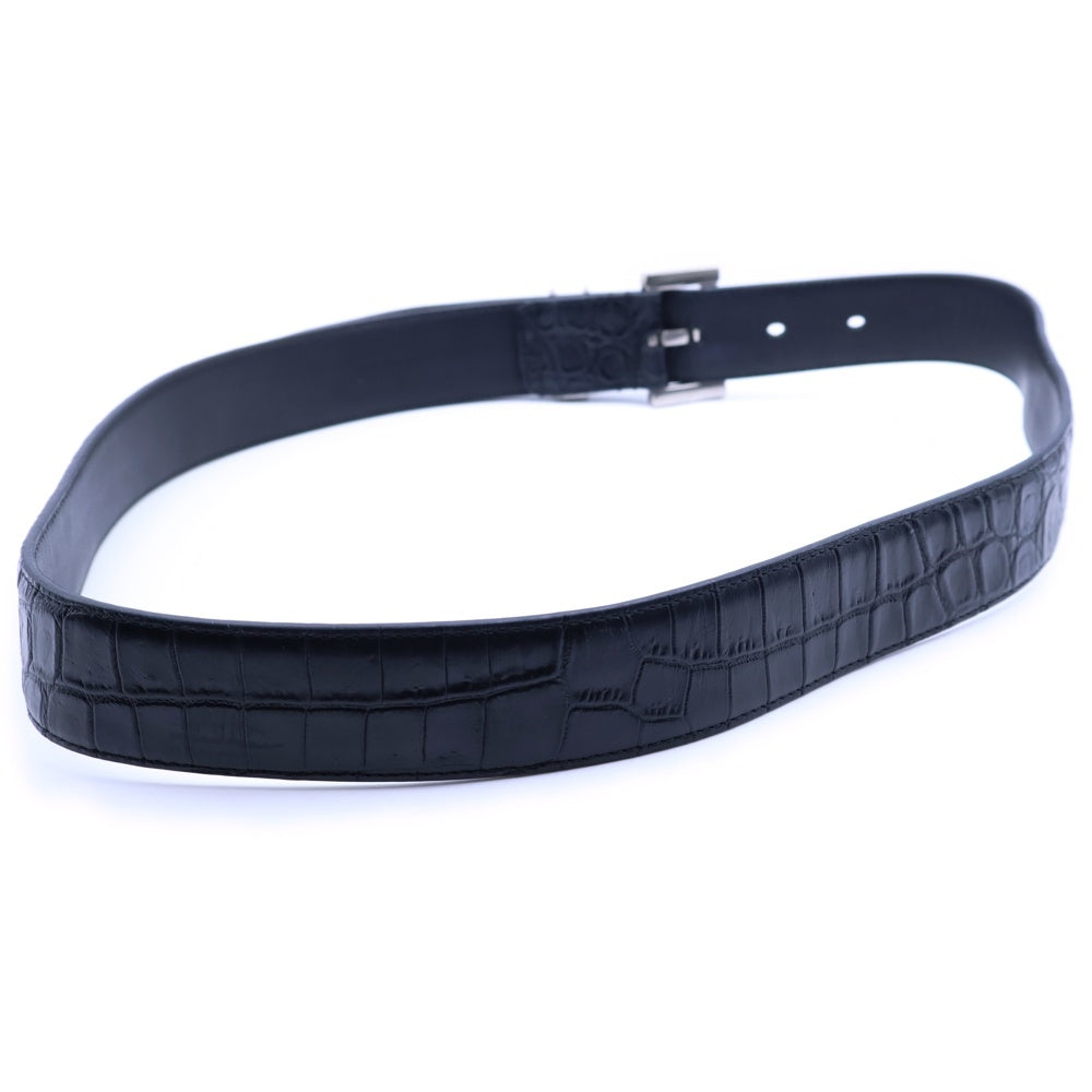 SAINT LAURENT PARIS(サンローランパリ) カサンドラロゴプレート スクエアバックル クロコ型押し エンボスレザー ベルト ブラック/シルバー 634440