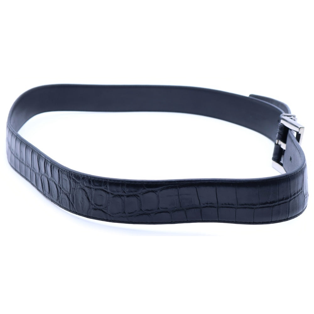 SAINT LAURENT PARIS(サンローランパリ) カサンドラロゴプレート スクエアバックル クロコ型押し エンボスレザー ベルト ブラック/シルバー 634440