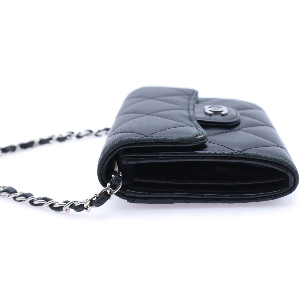 CHANEL(シャネル) マトラッセ 二つ折りチェーンウォレット ラムスキン ブラック シルバー金具 レディース
