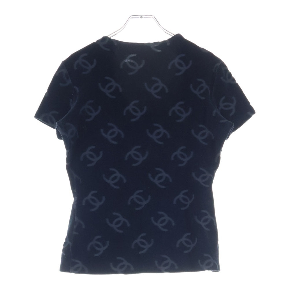 CHANEL(シャネル) ココマーク 総柄 ベロア クルーネック 半袖Tシャツ カットソー ブラック レディース