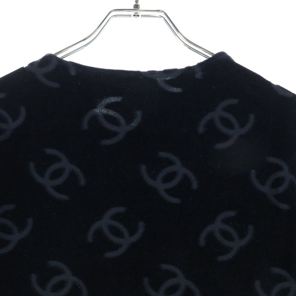 CHANEL(シャネル) ココマーク 総柄 ベロア クルーネック 半袖Tシャツ カットソー ブラック レディース