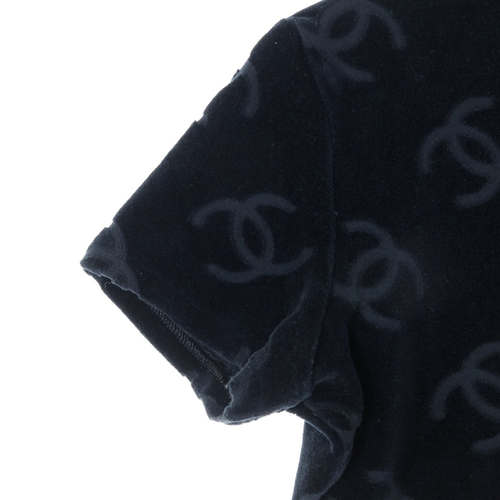 CHANEL(シャネル) ココマーク 総柄 ベロア クルーネック 半袖Tシャツ カットソー ブラック レディース