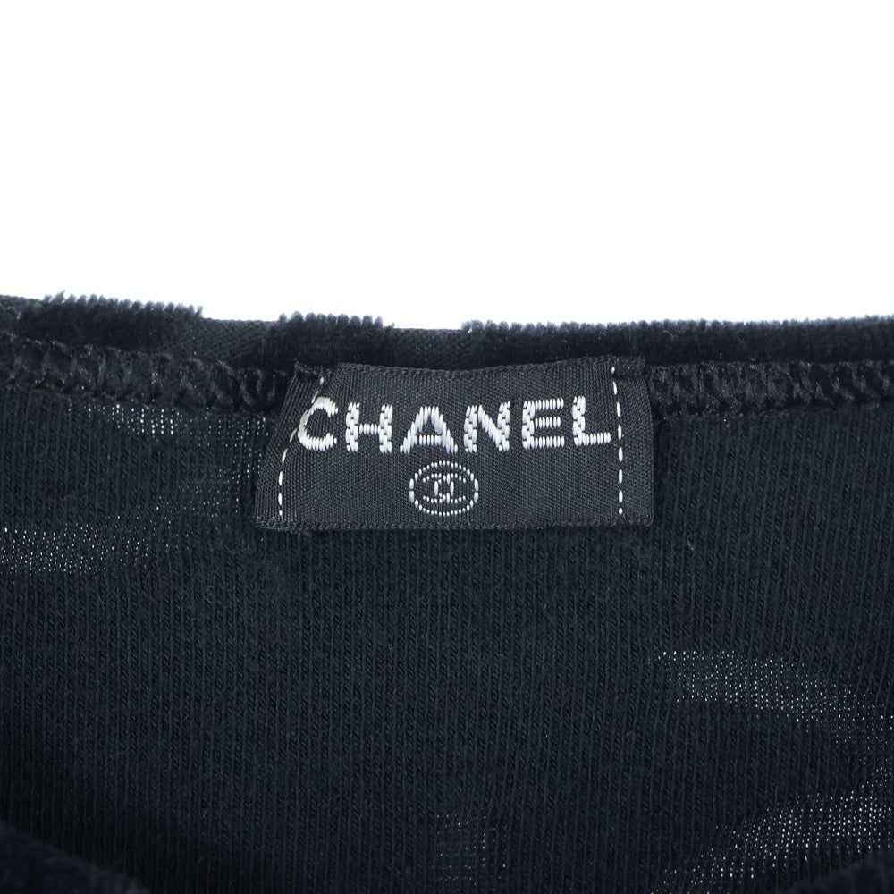 CHANEL(シャネル) ココマーク 総柄 ベロア クルーネック 半袖Tシャツ カットソー ブラック レディース