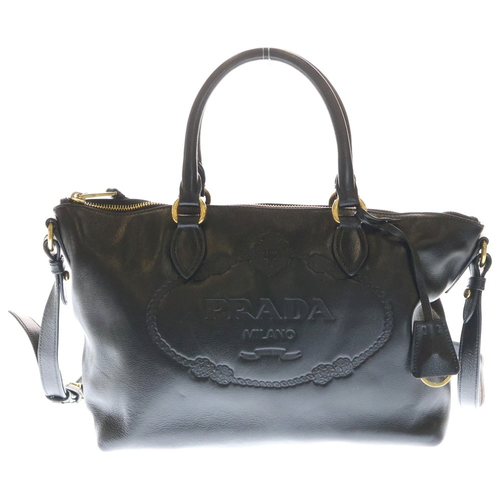 PRADA(プラダ) ロゴ ハンドバッグ 2WAYショルダーバック ハンドバッグ ブラック レザー 1BA104 ゴールド金具 レディース
