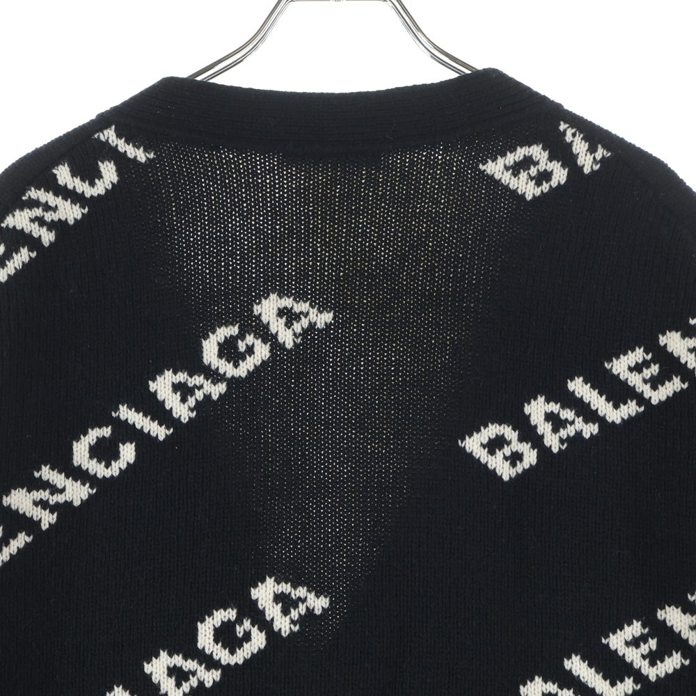 BALENCIAGA(バレンシアガ) オールオーバーロゴ ジャガード キャメル ウール ニット 長袖カーディガン ブラック 518134 レディース