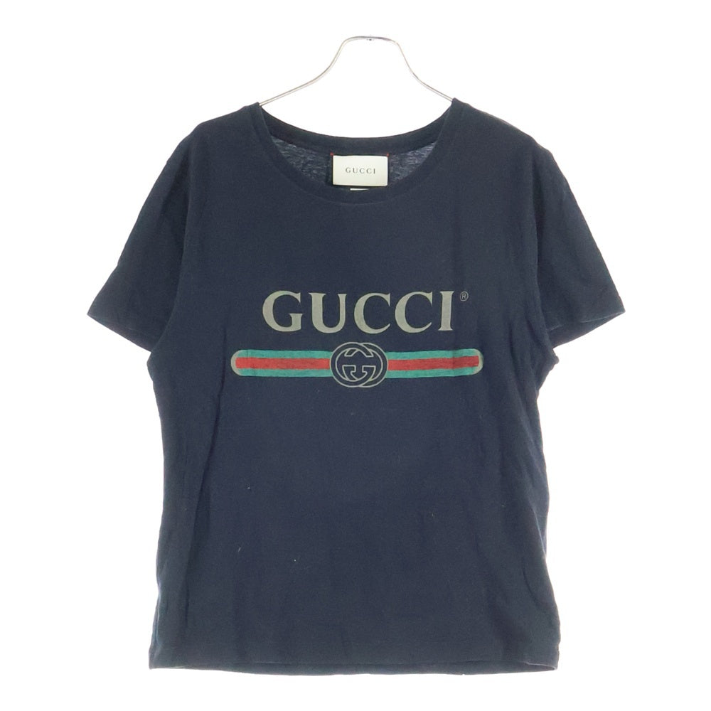 GUCCI(グッチ) ヴィンテージロゴプリント ウォッシュ加工 クルーネック 半袖Tシャツ カットソー ブラック 440103 レディース