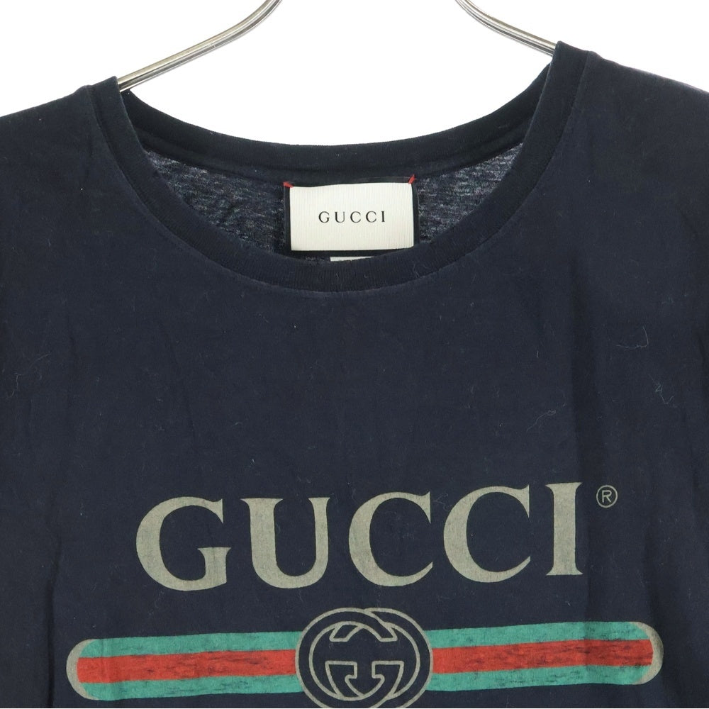 GUCCI(グッチ) ヴィンテージロゴプリント ウォッシュ加工 クルーネック 半袖Tシャツ カットソー ブラック 440103 レディース