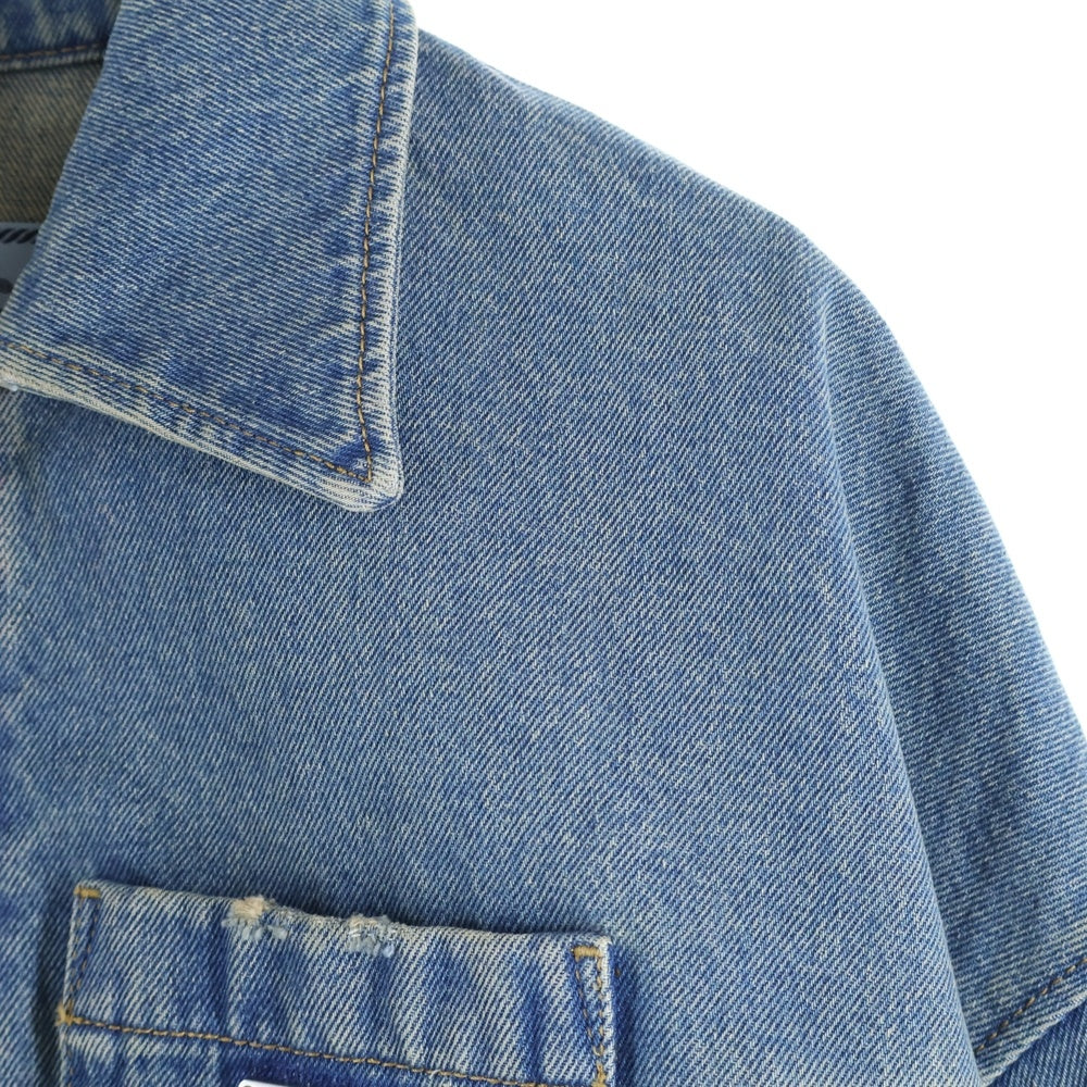 PRADA(プラダ) 23SS トライアングルロゴプレート ヴィンテージ加工 クロップド ショート オーガニック デニム ジップアップ トラッカージャケット インディゴ GFB279 レディース