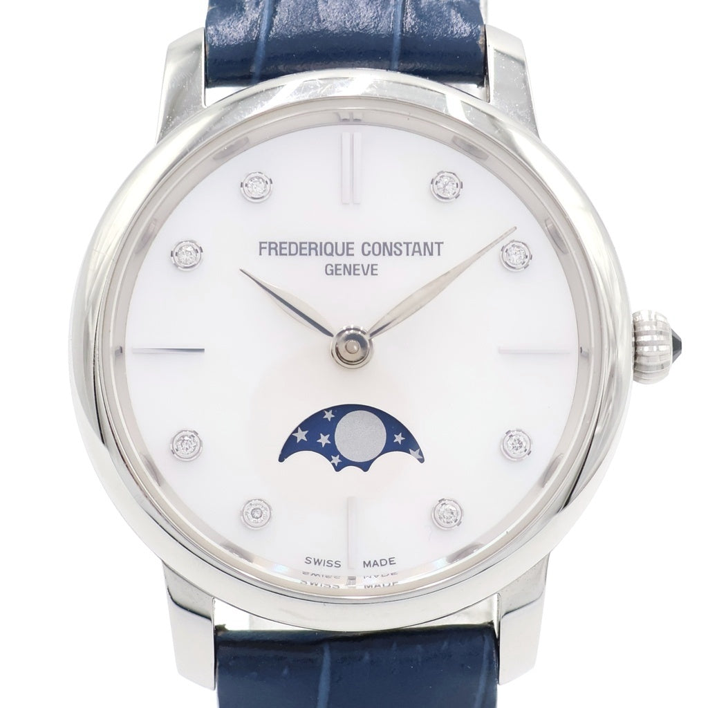 FREDERIQUE CONSTANT(フレデリックコンスタント) スリムラインムーンフェイズ ダイヤインデックス ホワイトシェル文字盤 ステンレス/レザー クォーツ 腕時計 206MPWD1S6 レディース
