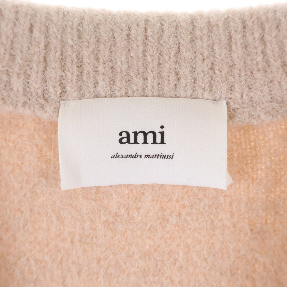 ami paris(アミパリス) アルパカウール ハートロゴ クルーネックニットカーディガン ピンク UKC025.KN0032