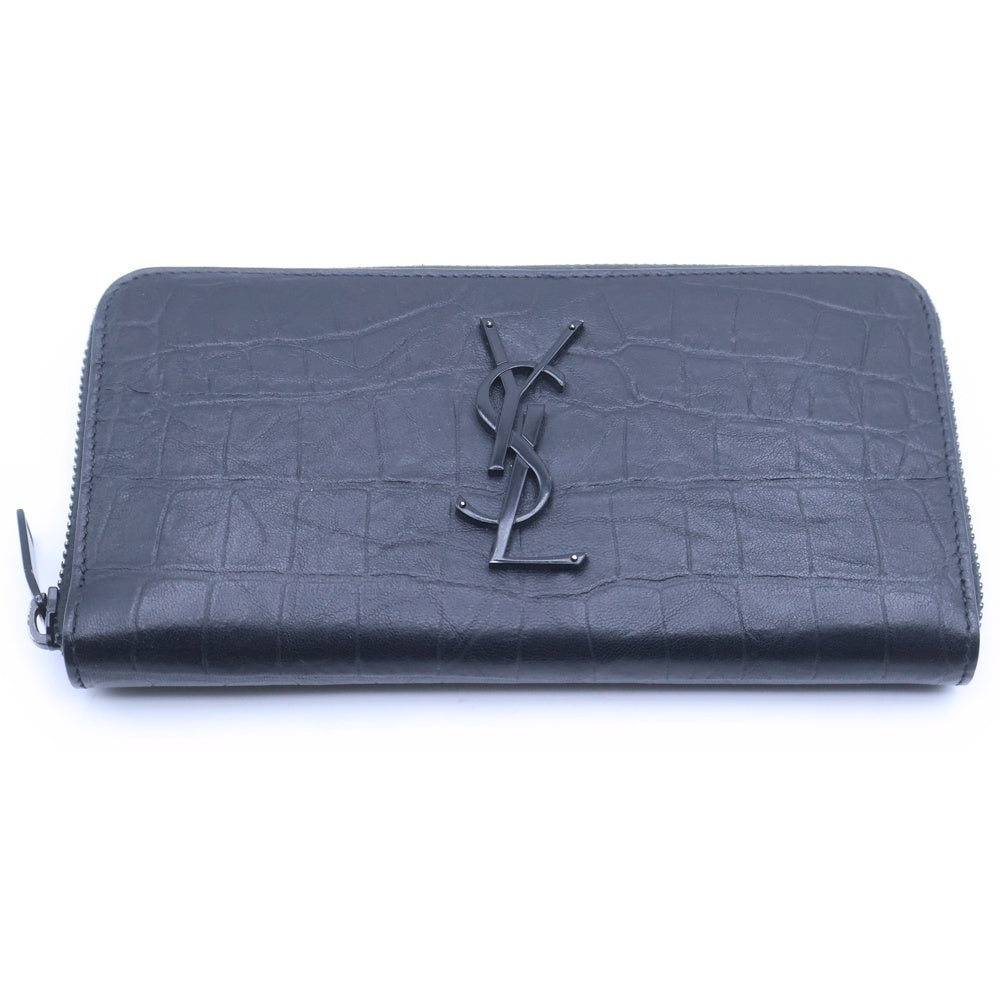 SAINT LAURENT PARIS(サンローランパリ) クロコ 型押しレザー ロゴ ラウンドジップ ロングウオレット 長財布 ブラック 617415