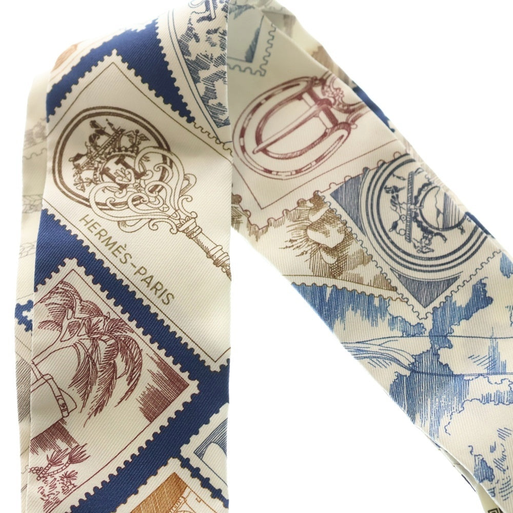 HERMES(エルメス) ツイリー フォーブルの切手愛好家 シルクスカーフ ネイビー×ブラウン レディース