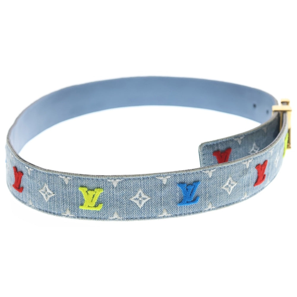 LOUIS VUITTON(ルイヴィトン) LVニューウェーブ モノグラム刺繍 デニム レザー ベルト ゴールド金具 インディゴ M0146 レディース