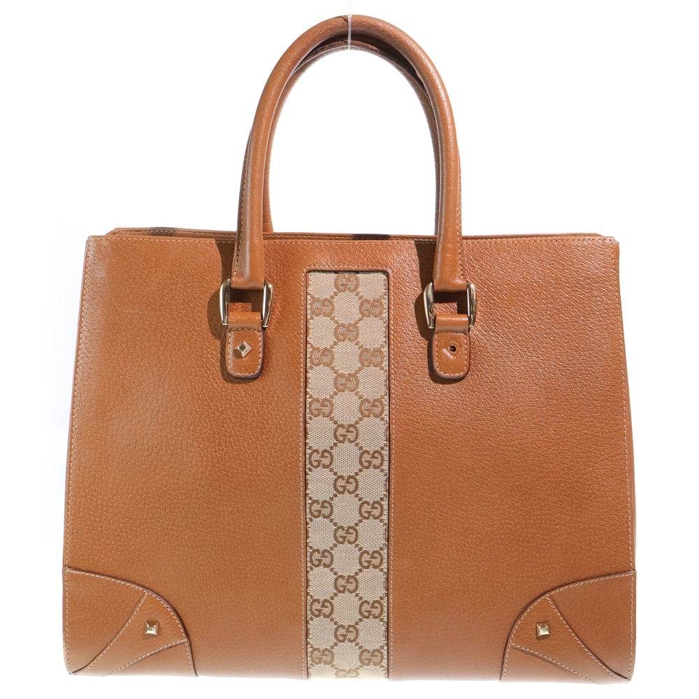 GUCCI(グッチ) GGキャンバス ハンドバッグ トートバッグ ブラウン×ベージュ レザー×キャンバス 120897 ゴールド金具 レディース