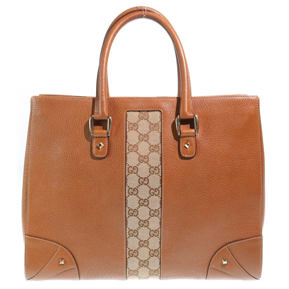 GUCCI(グッチ) GGキャンバス ハンドバッグ トートバッグ ブラウン×ベージュ レザー×キャンバス 120897 ゴールド金具 レディース