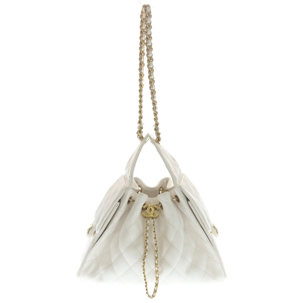 CHANEL(シャネル) シャネル25 スモール キャビアスキン レザー ハンドバッグ ゴールド金具 ホワイト AS5293 プレート レディース