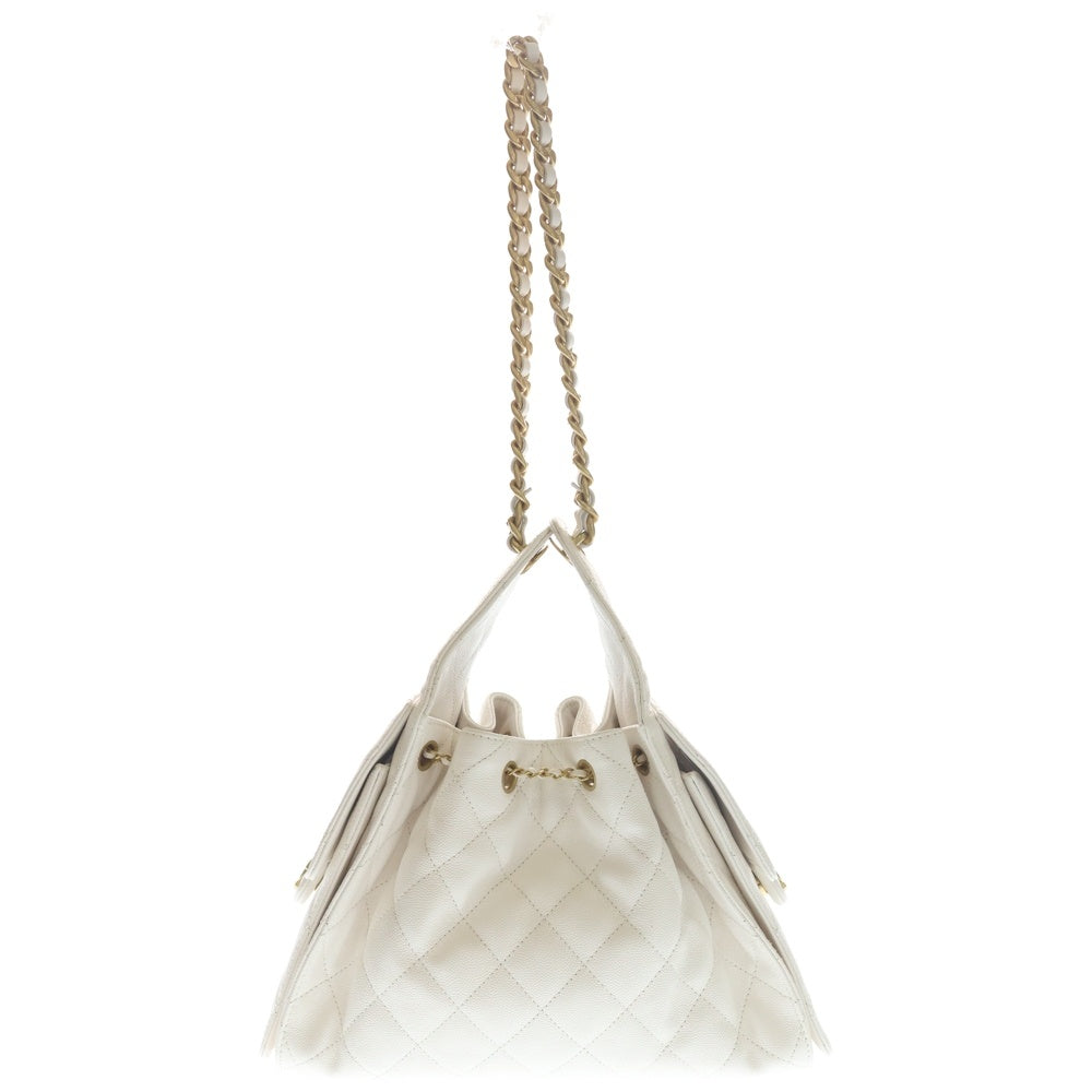 CHANEL(シャネル) シャネル25 スモール キャビアスキン レザー ハンドバッグ ゴールド金具 ホワイト AS5293 プレート レディース