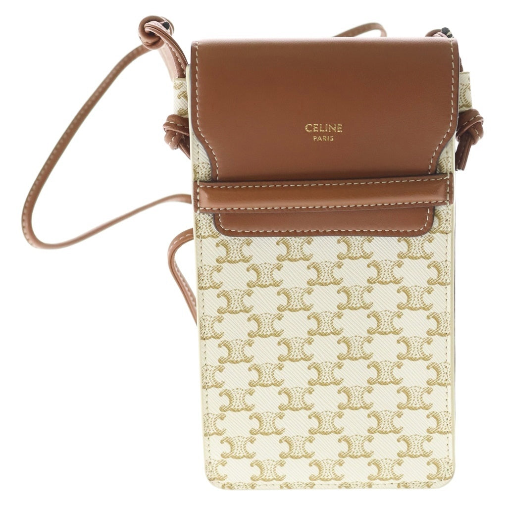 CELINE(セリーヌ) トリオンフ PVC キャンバス レザー ショルダー モバイルポーチ ブラウン/アイボリー レディース