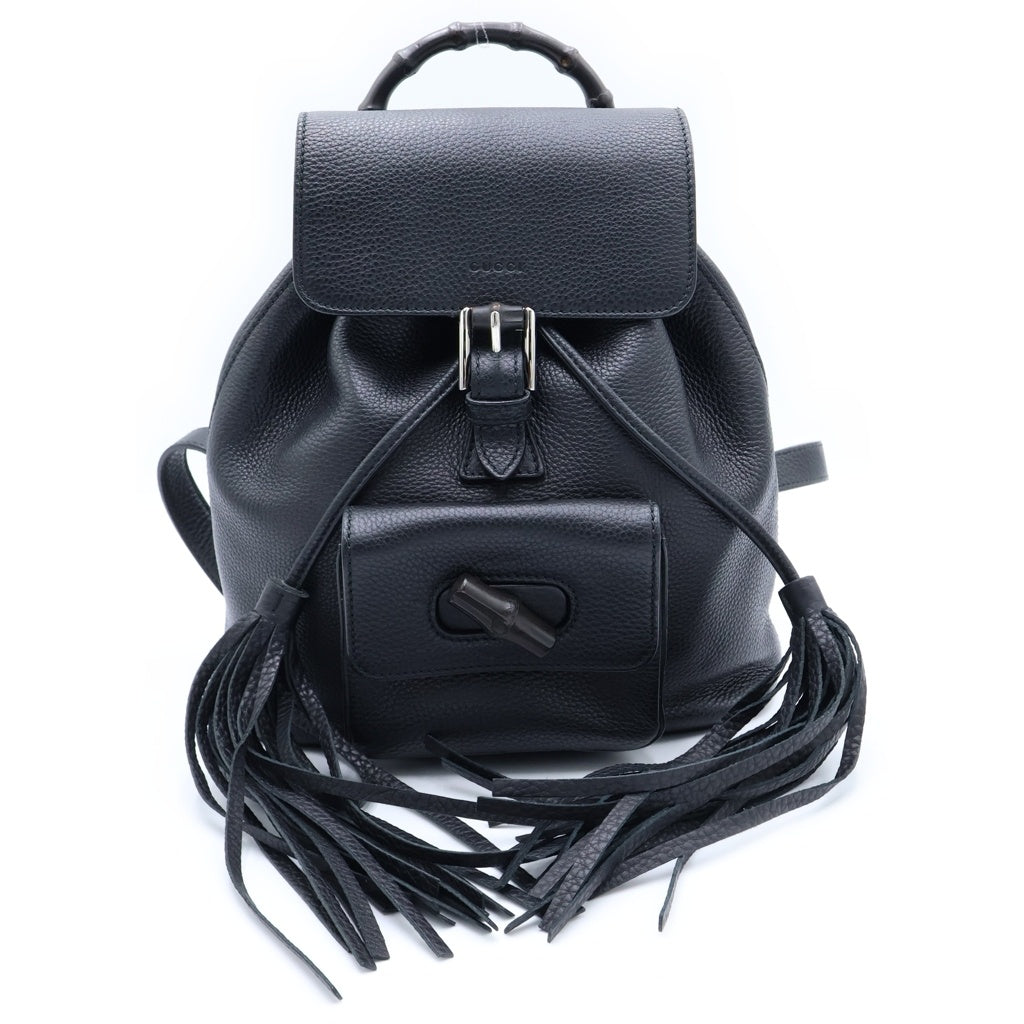 GUCCI(グッチ) バンブー レザー スモール バックパック ブラック タッセル カーフスキン リュックサック デイパック フリンジ ブラック レザー 387149 シルバー金具 レディース