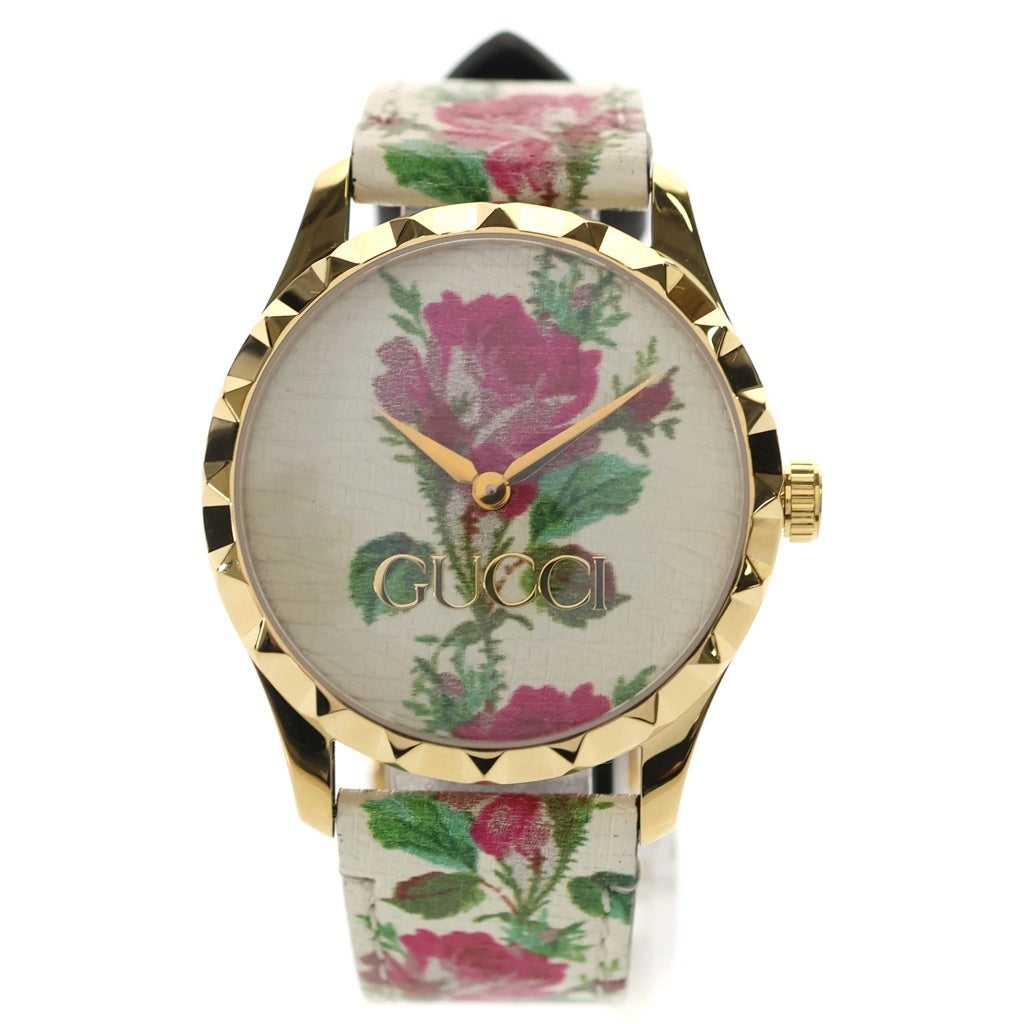GUCCI(グッチ) Gタイムレス フローラル ロゴ レザーベルト クォーツウォッチ 腕時計 アイボリー/ゴールド YA1264084 レディース
