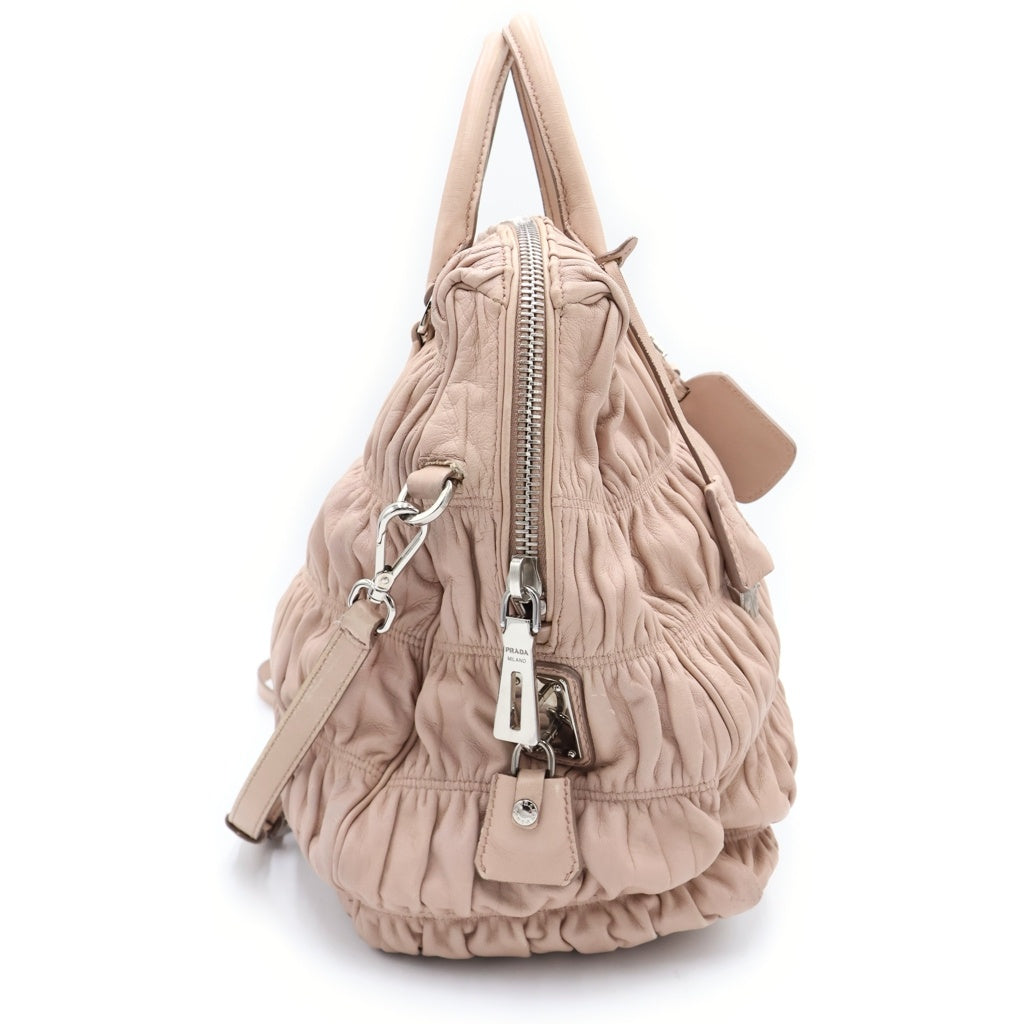 PRADA(プラダ) ナッパギャザー2wayバッグ ハンドバッグ ショルダーバッグ ピンクベージュ レザー ゴールド金具 レディース
