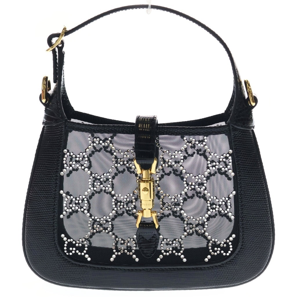 GUCCI(グッチ) ジャッキー1961 ミニバック GGクリスタル 2WAYバッグ ショルダーバッグ チェーンバッグ ブラック メッシュ 型押しレザー 677027 ゴールド金具 レディース