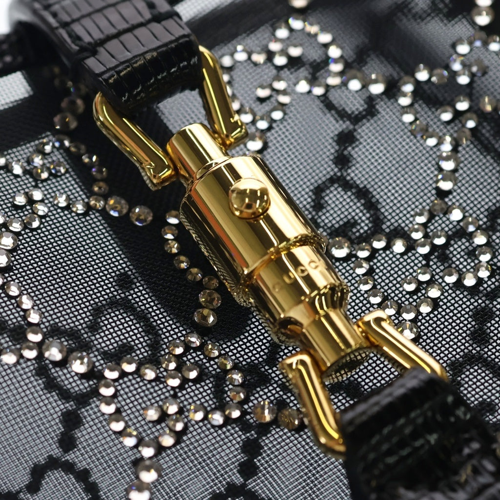 GUCCI(グッチ) ジャッキー1961 ミニバック GGクリスタル 2WAYバッグ ショルダーバッグ チェーンバッグ ブラック メッシュ 型押しレザー 677027 ゴールド金具 レディース