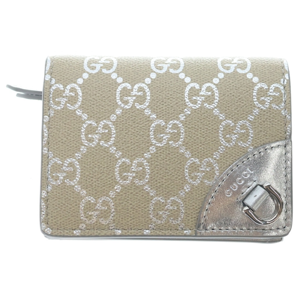 GUCCI(グッチ) GGエンブレム コンパクトウォレット 三つ折り財布 コインケース ベージュ PVC 820692 シルバー金具 レディース