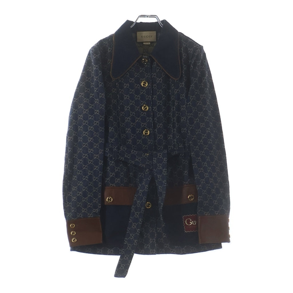 GUCCI(グッチ) GGデニム レザー切替 スクエアパッチ ベルテッド ジャケット インディゴブルー #40 652658 レディース