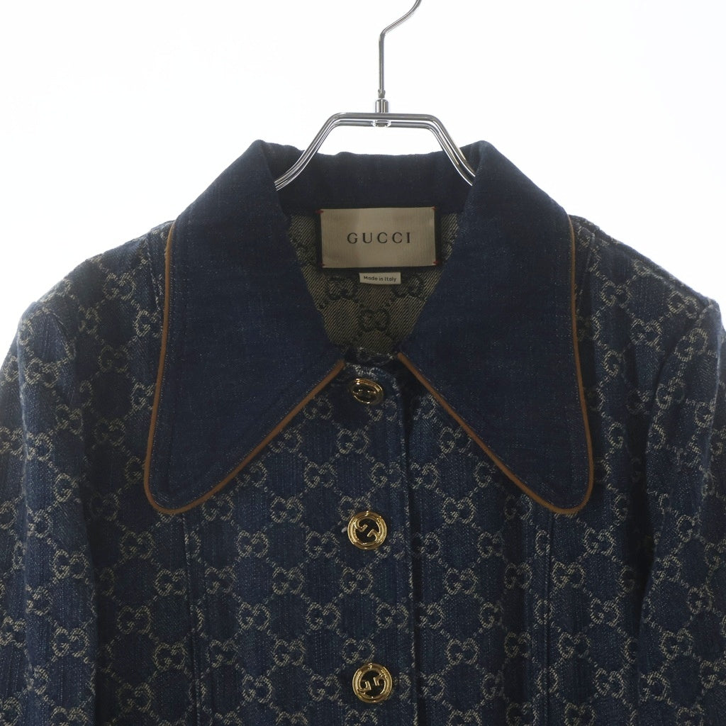 GUCCI(グッチ) GGデニム レザー切替 スクエアパッチ ベルテッド ジャケット インディゴブルー #40 652658 レディース