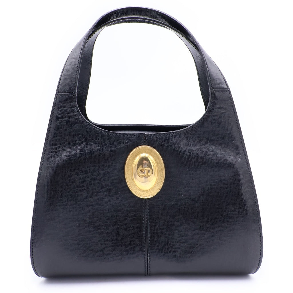 Christian Dior(クリスチャンディオール) ヴィンテージ ラウンド オーバル レザー ハンドバッグ ブラック ゴールド金具 レディース