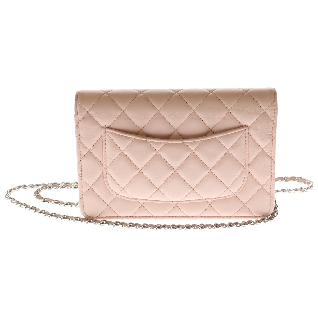 CHANEL(シャネル) マトラッセ カメリア ラムスキン シルバー金具 チェーンウォレット チェーンショルダーバック ピンク プレート レディース