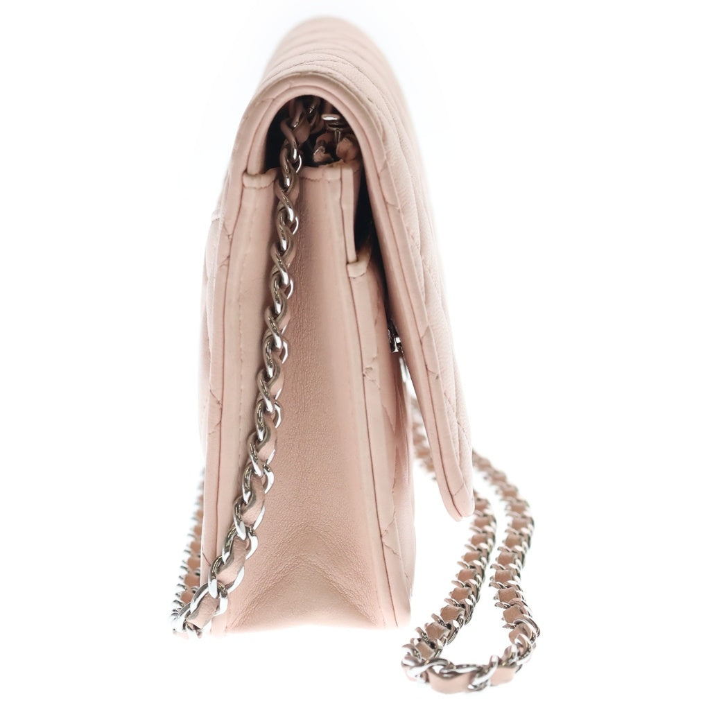 CHANEL(シャネル) マトラッセ カメリア ラムスキン シルバー金具 チェーンウォレット チェーンショルダーバック ピンク プレート レディース