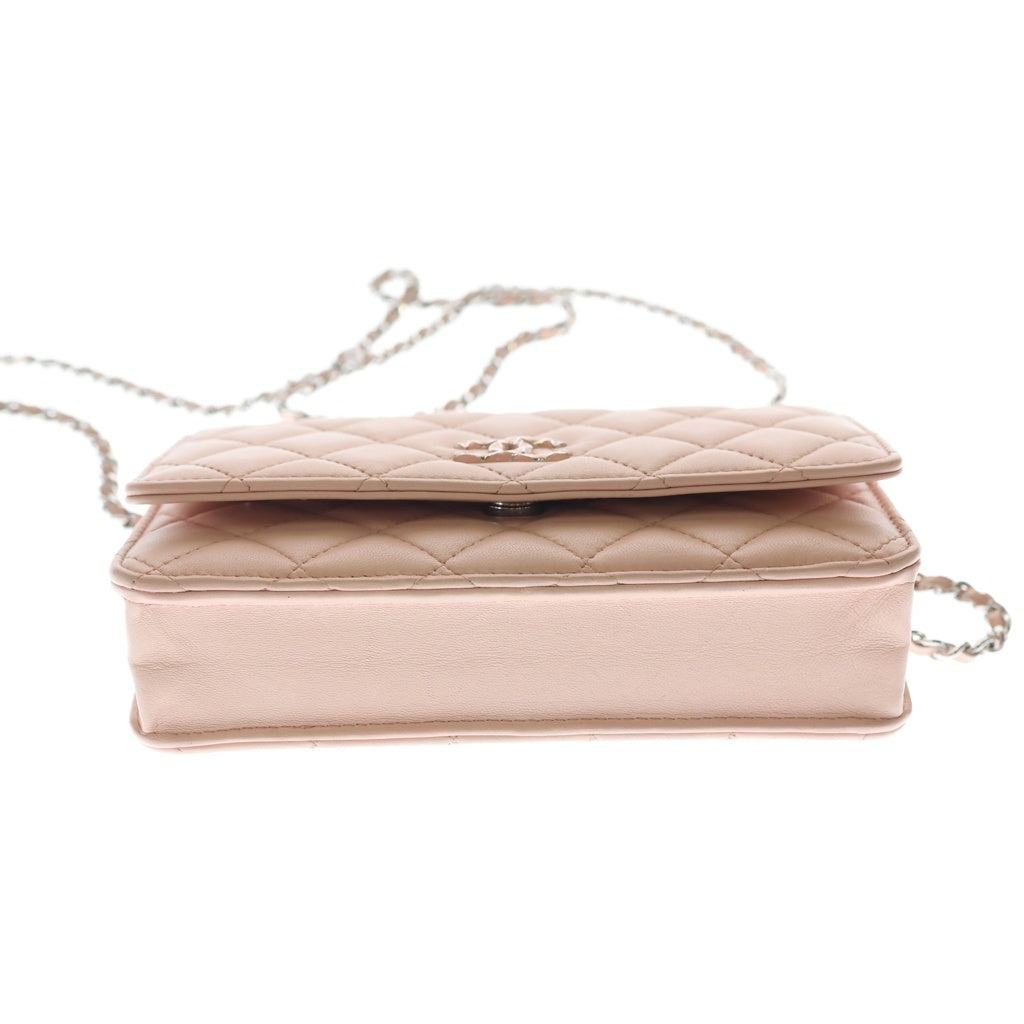 CHANEL(シャネル) マトラッセ カメリア ラムスキン シルバー金具 チェーンウォレット チェーンショルダーバック ピンク プレート レディース