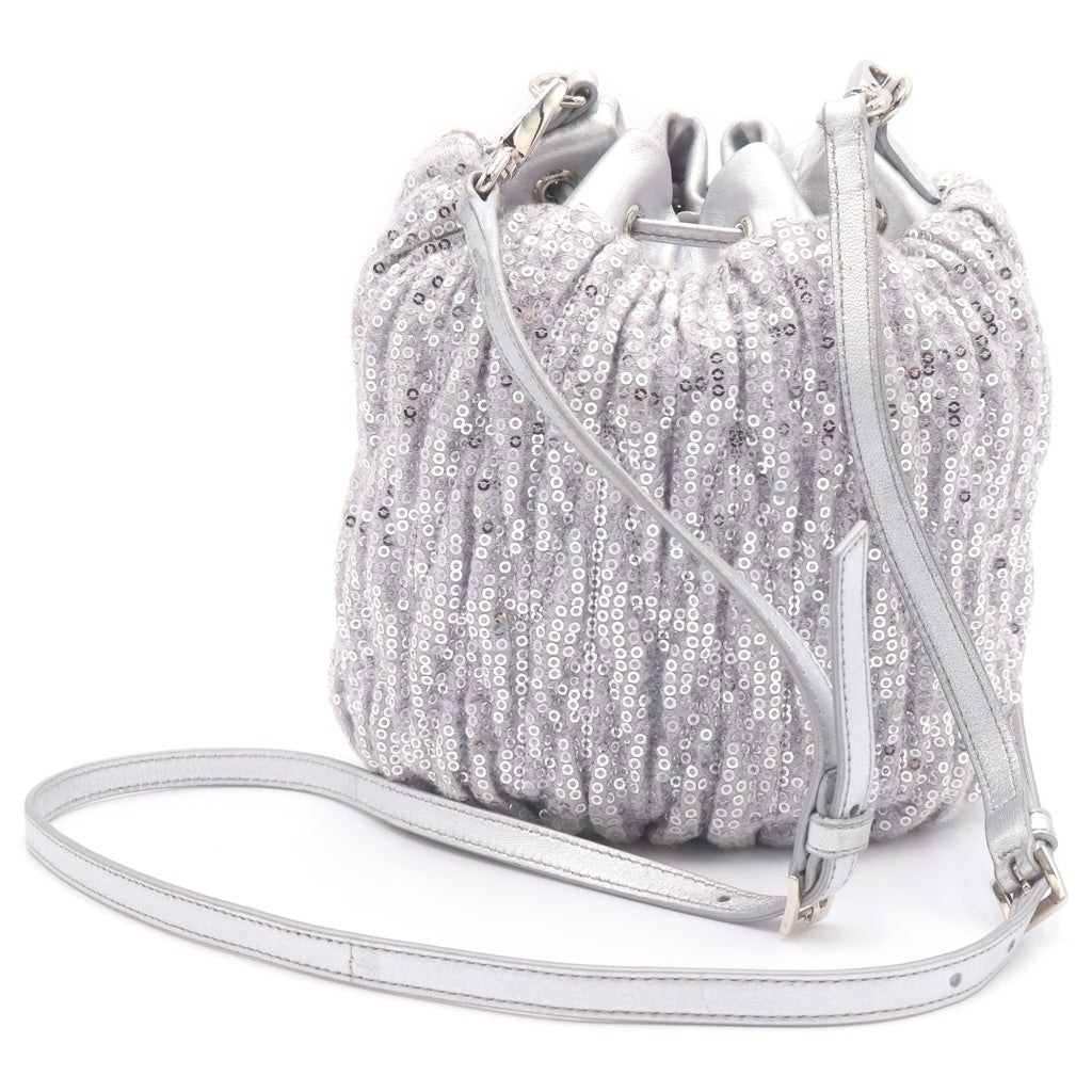 miumiu(ミュウミュウ) スパンコール タッセル フリンジ 巾着バッグ ショルダーバッグ シルバー レディース