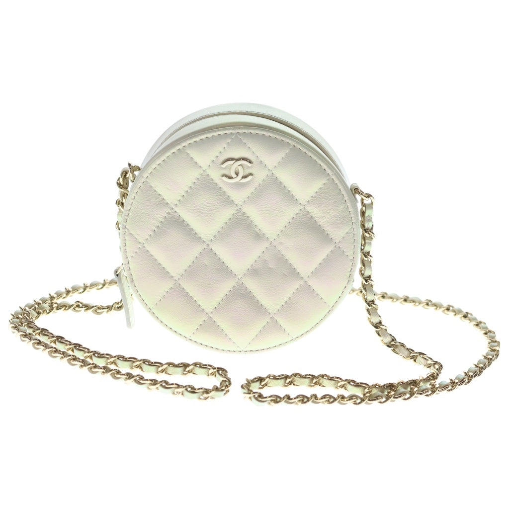 CHANEL(シャネル) ココマーク マトラッセ ラウンド チェーンショルダーバッグ ミニバッグ ホワイト オーロラ レザー ゴールド金具 レディース