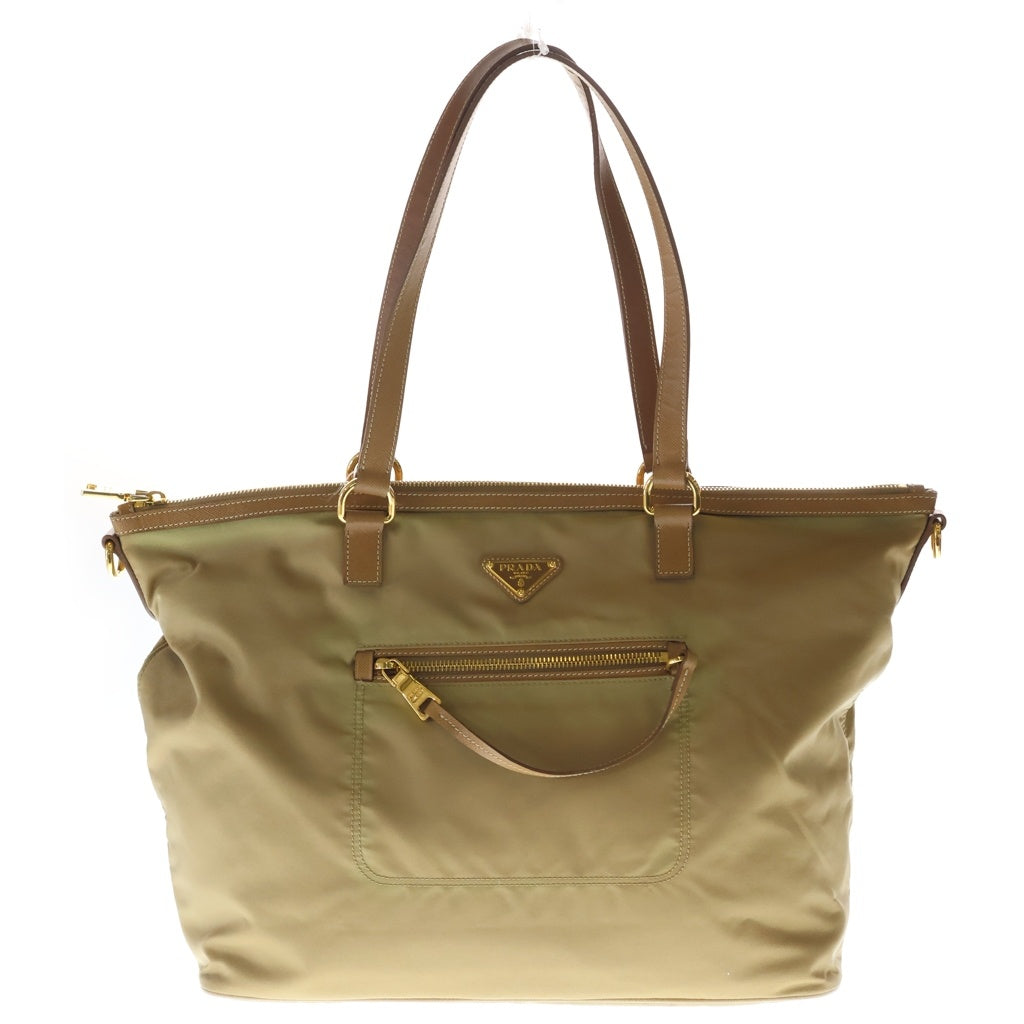 PRADA(プラダ) トライアングルロゴプレート ナイロン レザー 2WAY ハンド ショルダーバッグ ゴールド金具 ベージュ/ブラウン レディース